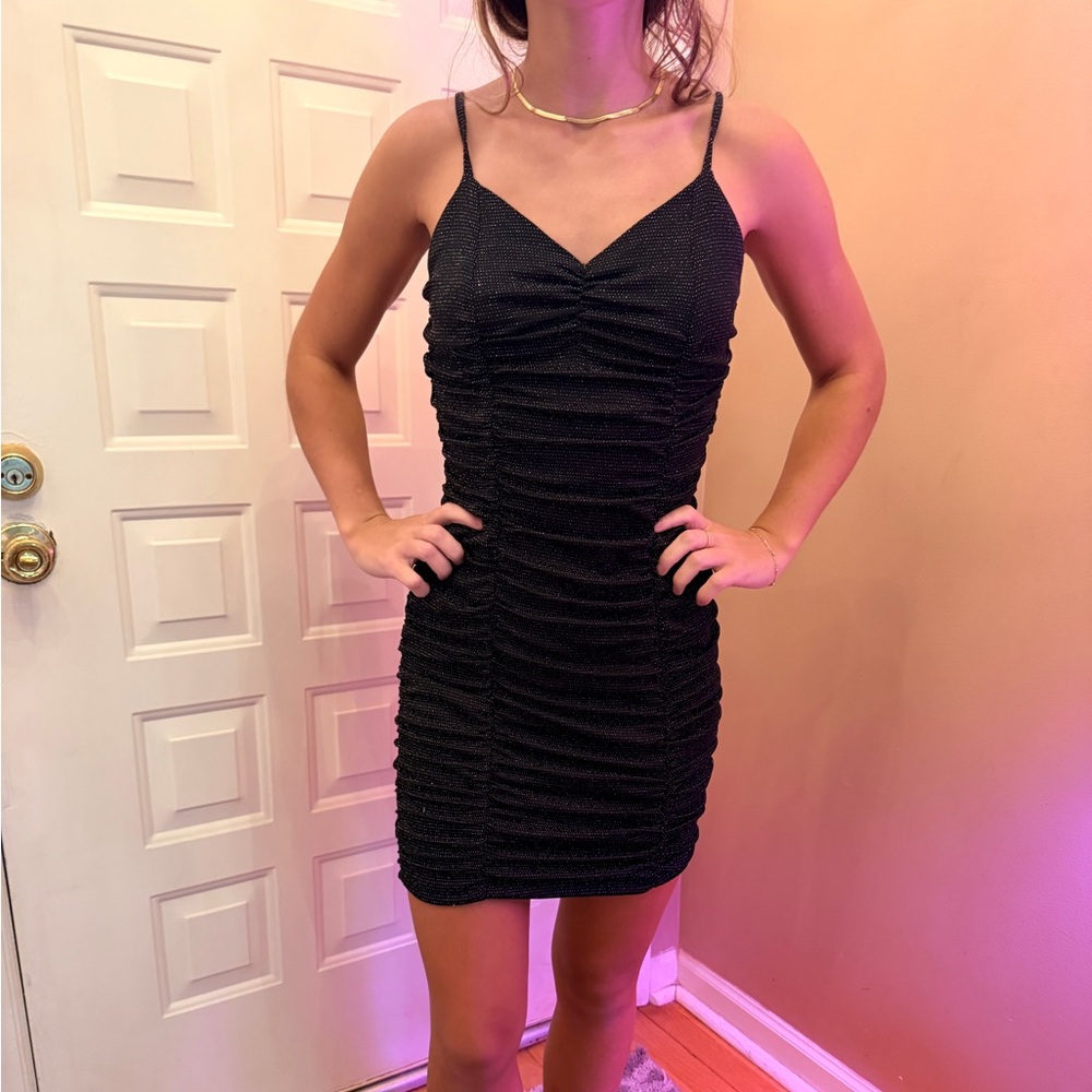 Black Sparkly Ruched Spaghetti Strap Dress